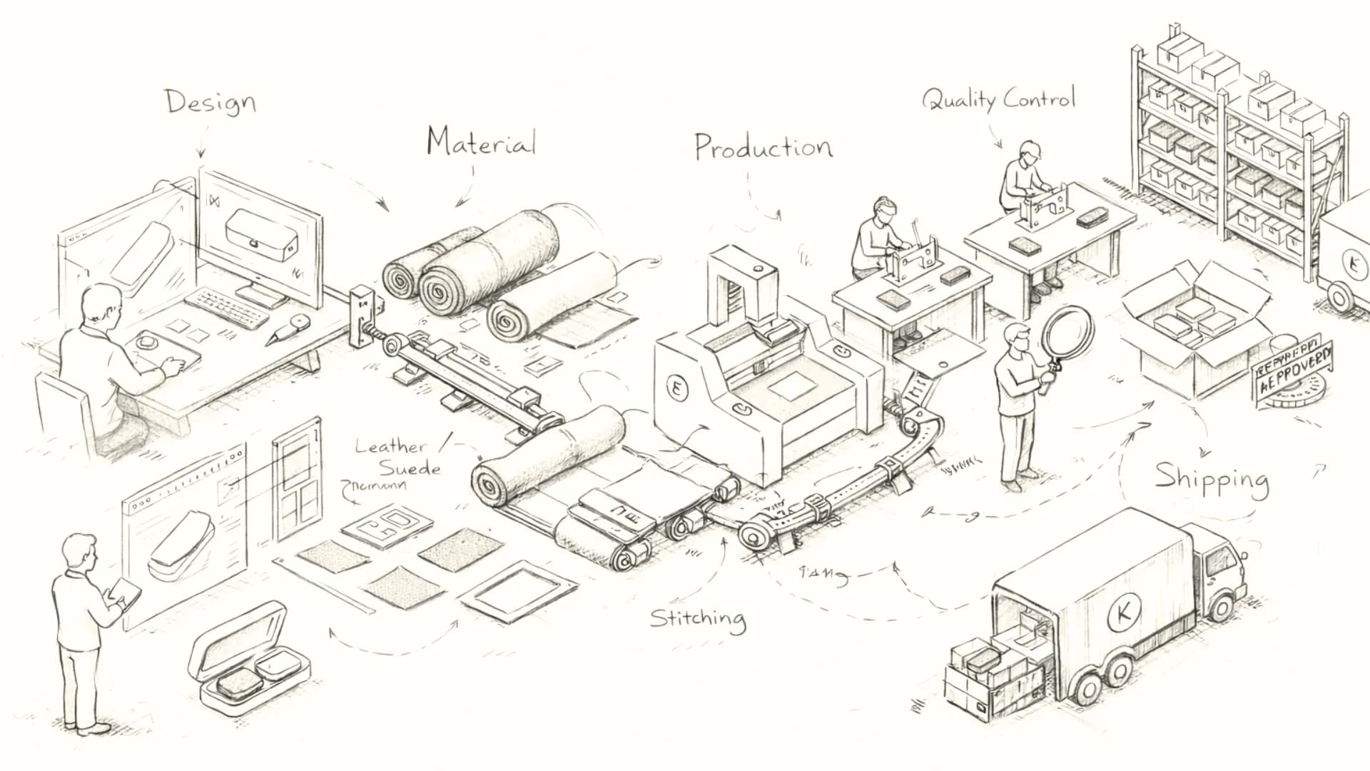 Comprehensive infographic of the Kluxry production journey from 3D technical blueprint to European logistics delivery